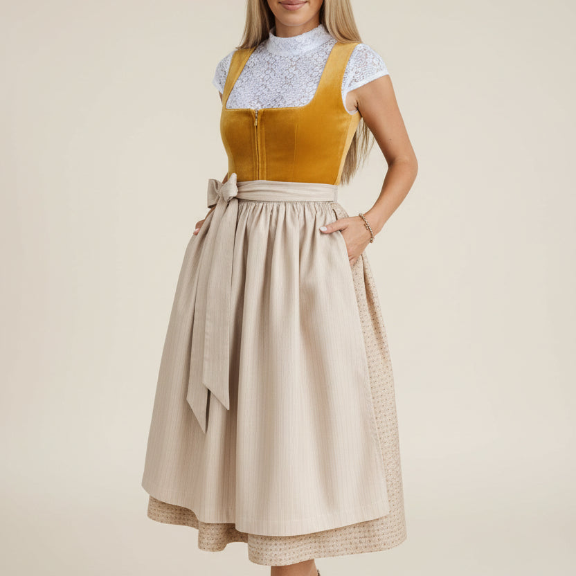 Dame Dirndl Kjole Tekstilmateriale | Almindelig Pasform Midikjole | Blondebluse Med Forklædeskørt Til Festivaler & Arrangementer | Vanero