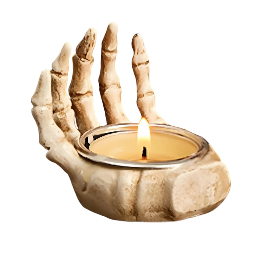 Halloween Skelet Palme Lysestage | Harpiksdesign med Knoglehånd | Dekorativ Lysholder Til Borde & Sæsonudstillinger | Vanero