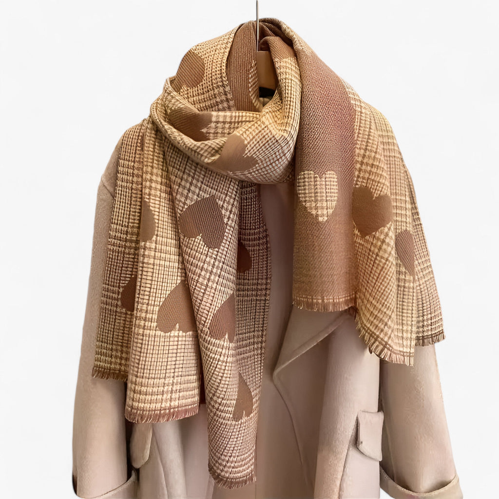Dame Khaki Sjal i Imiteret Cashmere | Vendbart Hjerte- & Ternmønster | Langt Vintersjal Til Lag-På-Lag & Hverdagsbrug | Vanero