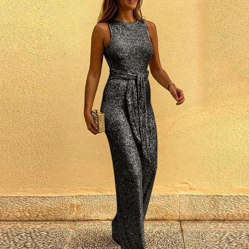 Jumpsuit i Tekstilmateriale | Regular Fit Glitter Jumpsuit | Glitterdetaljer til Arrangementer og Aftenbrug | Vanero