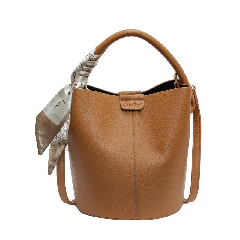 Dame Bucket Bag Tekstureret PU | Justerbar Skulderrem Taske | Tørklædedetalje Til Hverdagsbrug & Fritid | Vanero
