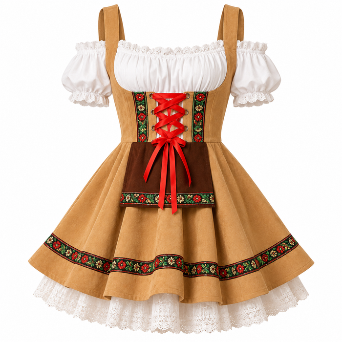 Oktoberfestkjole Til Dame | Polyester Med Dekorativ Snøring | Bayersk Inspireret Festkjole Med Pyntbånd & Korte Ærmer | Vanero