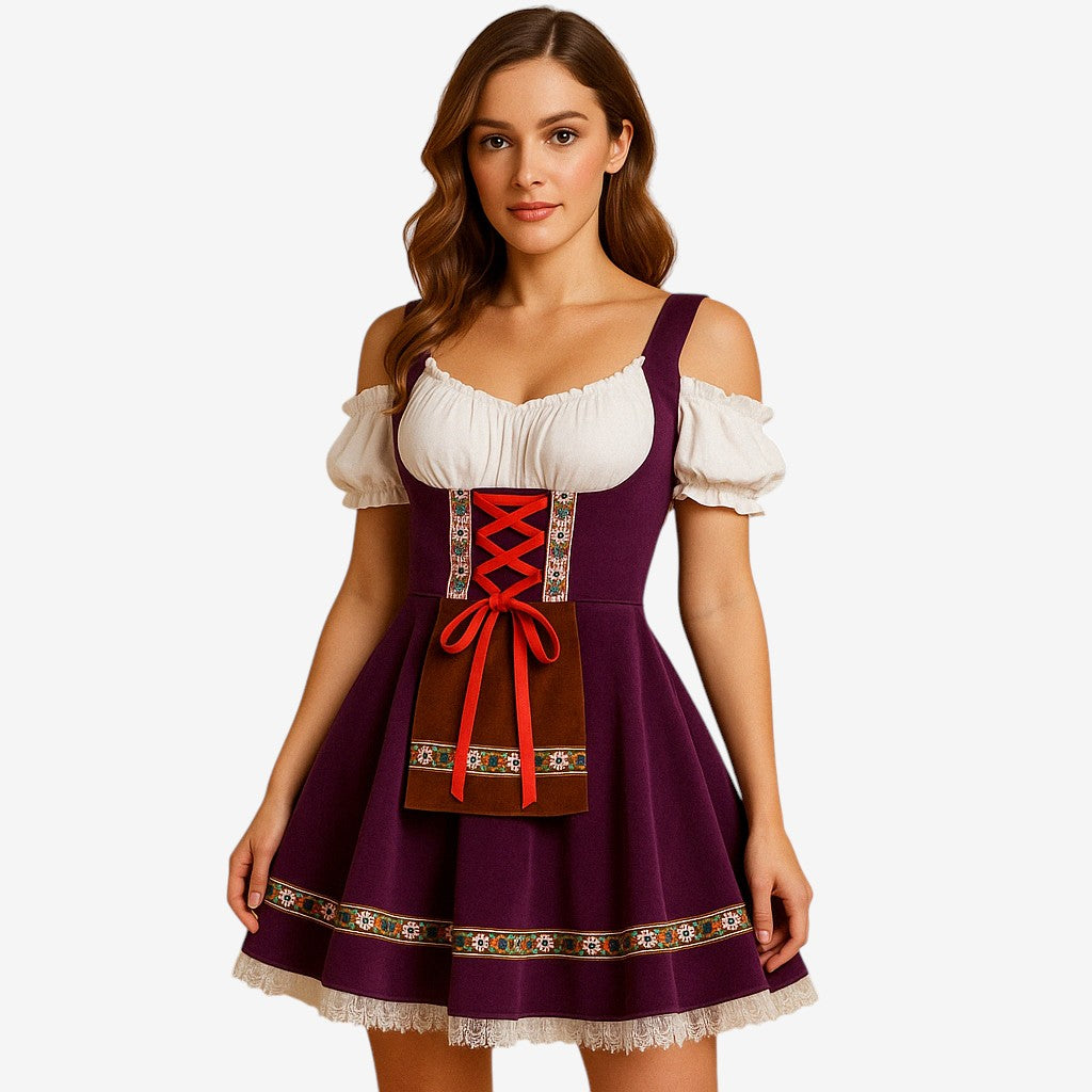Oktoberfestkjole Til Dame | Polyester Med Dekorativ Snøring | Bayersk Inspireret Festkjole Med Pyntbånd & Korte Ærmer | Vanero