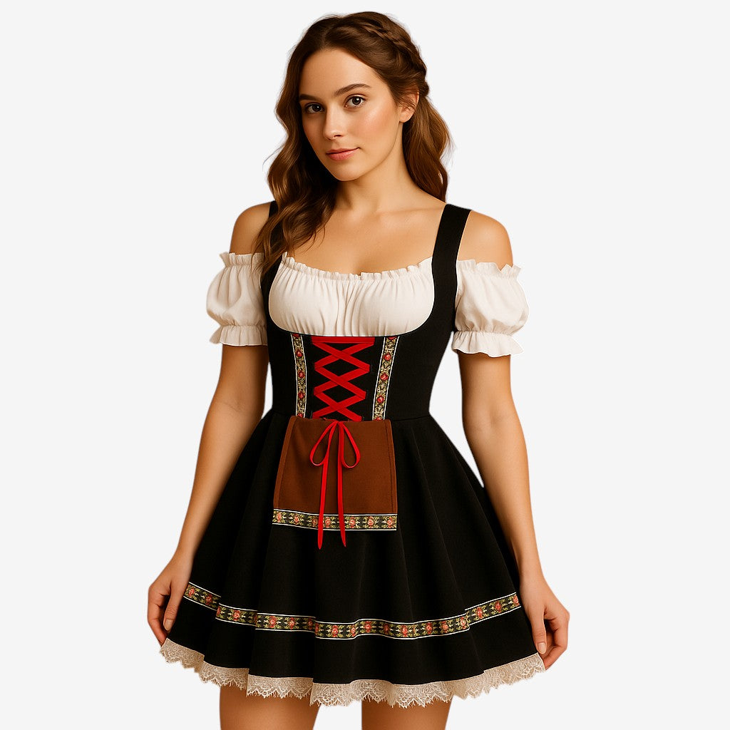 Oktoberfestkjole Til Dame | Polyester Med Dekorativ Snøring | Bayersk Inspireret Festkjole Med Pyntbånd & Korte Ærmer | Vanero
