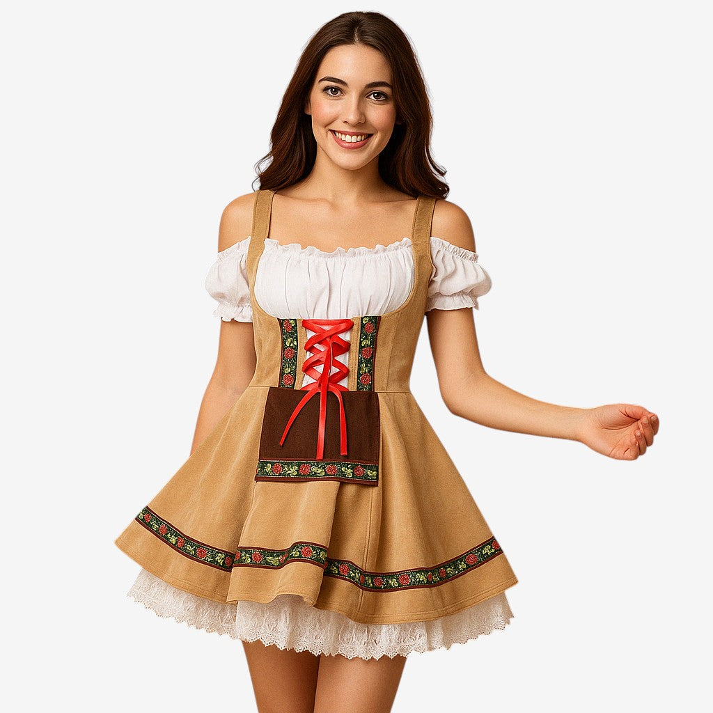 Oktoberfestkjole Til Dame | Polyester Med Dekorativ Snøring | Bayersk Inspireret Festkjole Med Pyntbånd & Korte Ærmer | Vanero