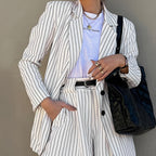 Dame Todelt Sæt | Stribet Blazer | Højtaljede Shorts Til Sommerbrug | Vanero