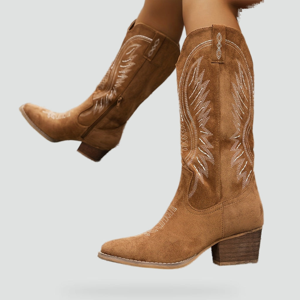 Western-Cowboystøvler Til Dame | Mat Suede-Look & Kontrastbroderi | Halvhøjt Skaft, Spids Tå, Slip-On & Blokhæl | Vanero