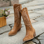 Western-Cowboystøvler Til Dame | Mat Suede-Look & Kontrastbroderi | Halvhøjt Skaft, Spids Tå, Slip-On & Blokhæl | Vanero
