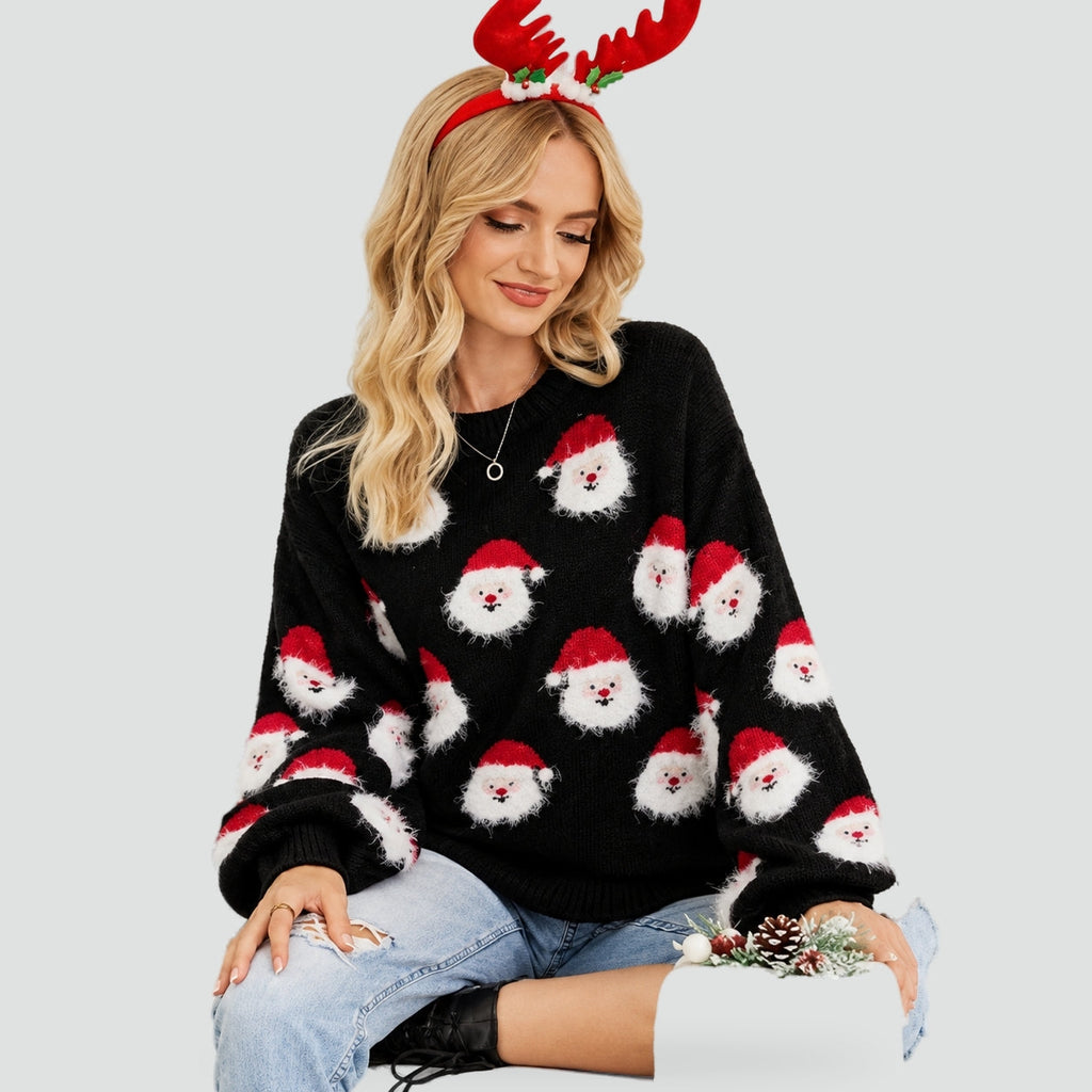 Julestriktrøje Til Dame | Gennemgående Julemandsmønster & Løs Pasform | Rundhalset Pullover Til Julefester & Vinterbrug | Vanero