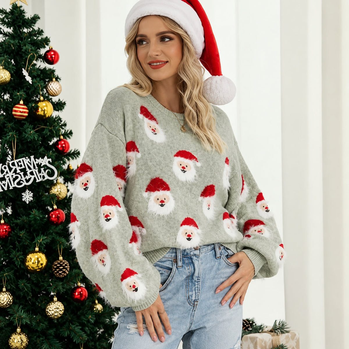 Julestriktrøje Til Dame | Gennemgående Julemandsmønster & Løs Pasform | Rundhalset Pullover Til Julefester & Vinterbrug | Vanero