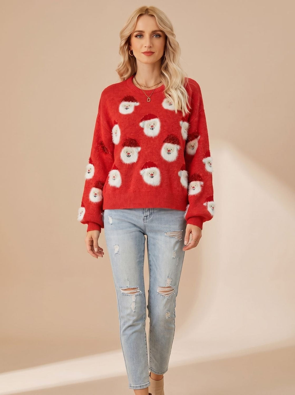 Julestriktrøje Til Dame | Strukturerede Julemandsmotiver & Oversized Pasform | Overskudte Skuldre, Rund Hals & Ribkanter | Vanero