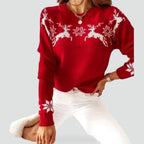 Julestriktrøje Til Dame | Rensdyr- & Snefnugmotiver | Let Løs Pasform, Rund Hals & Ribkanter Til Vinterbrug | Vanero