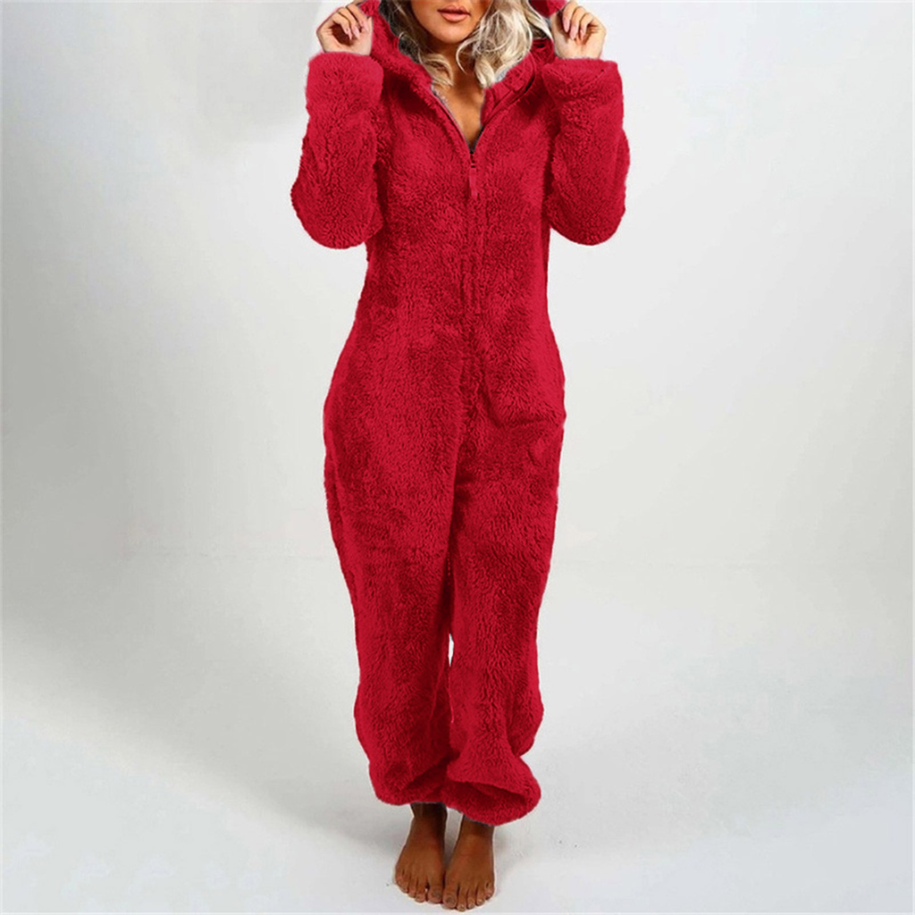 Dame Jumpsuit i Plys | Hætte & Lange Ærmer Med Lynlåslukning | Heldragt Til Vinter, Nattøj & Hjemmebrug | Vanero