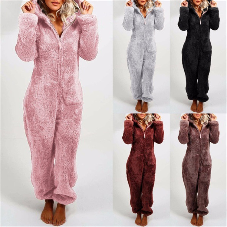 Dame Jumpsuit i Plys | Hætte & Lange Ærmer Med Lynlåslukning | Heldragt Til Vinter, Nattøj & Hjemmebrug | Vanero