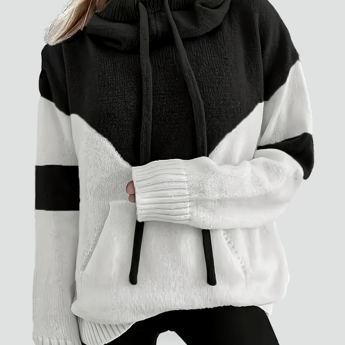 Strik-Hoodie Til Dame | Tofarvet Colorblock-Design & Kontraststriber På Ærmerne | Løs Pasform, Hætte Med Snor & Ribkanter | Vanero