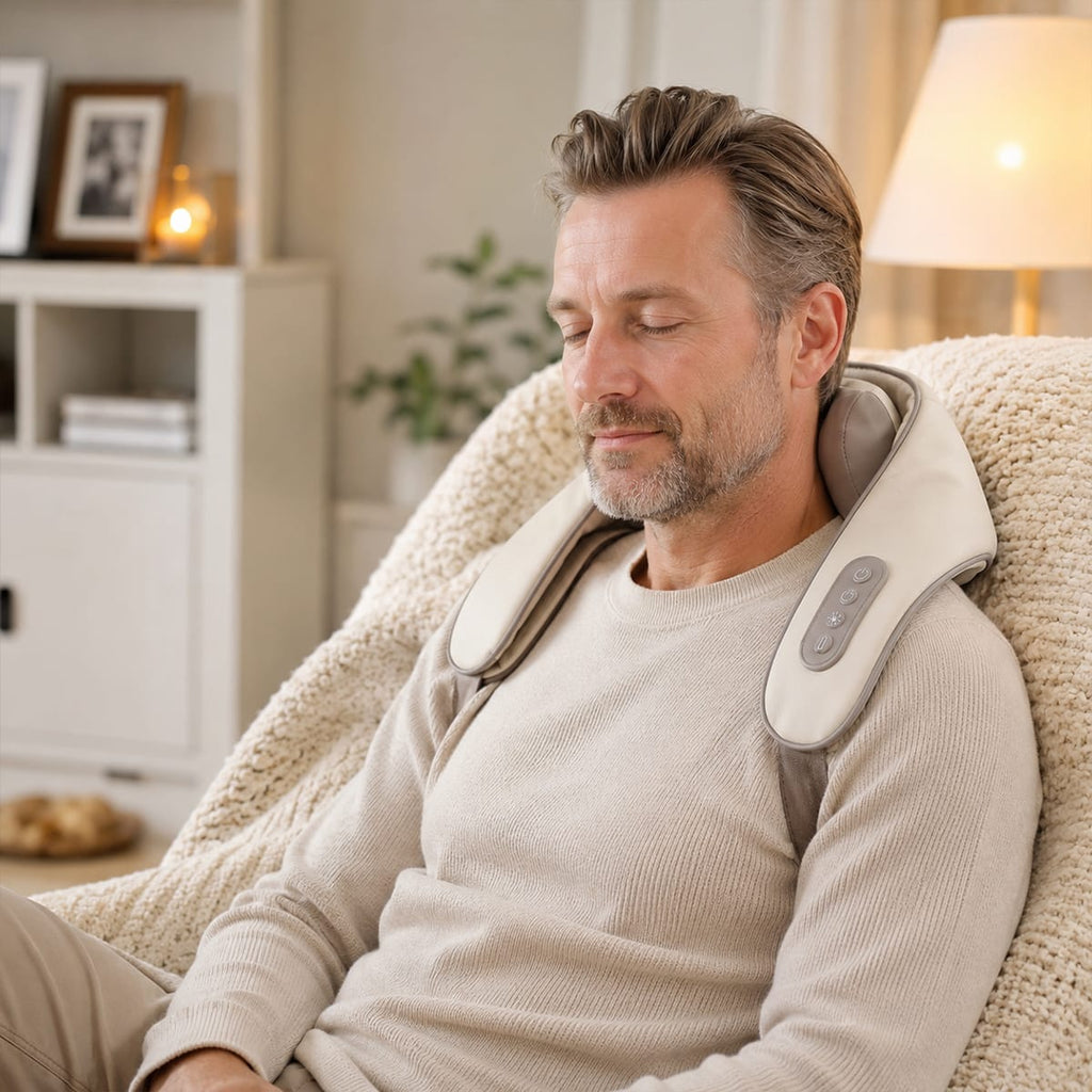 Trådløs Nakke- & Skuldermassager | 6 Roterende Knuder & Grafenvarme | Genopladeligt Design Med 2 Hastigheder | Vanero