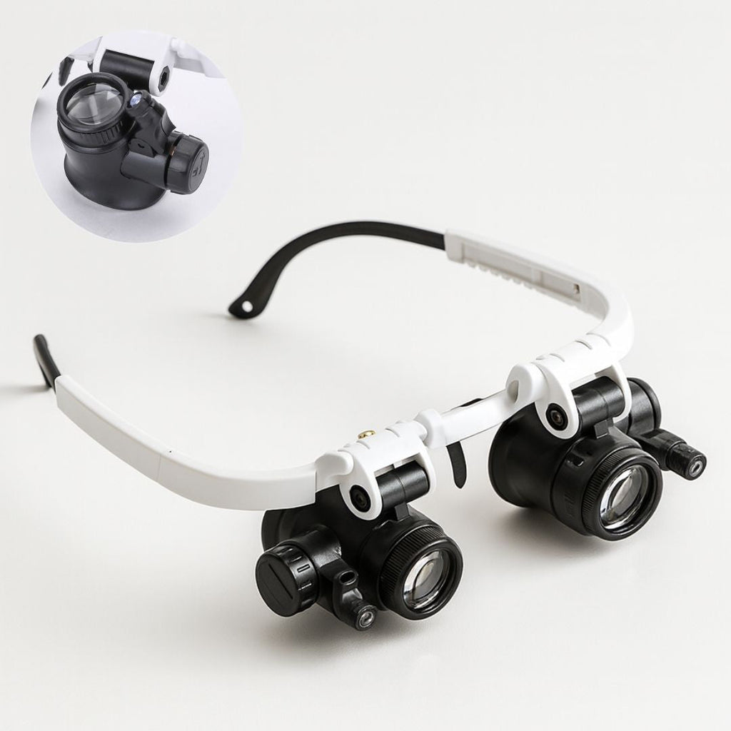 Forstørrelsesbrille Med Hovedbånd | Udskiftelige Glaslinser Med 8x, 15x & 23x Forstørrelse | LED-Lys & Justerbart Hovedbånd | Vanero